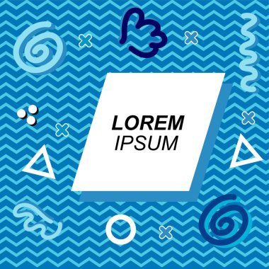 Çeşitli geometrik ve organik şekilli süslemeleri olan soyut arkaplan kare kartı. Sosyal medya içeriği için metin alanı olan kare poster. Geometrik memphis tarzıyla kare duvar kağıdı.