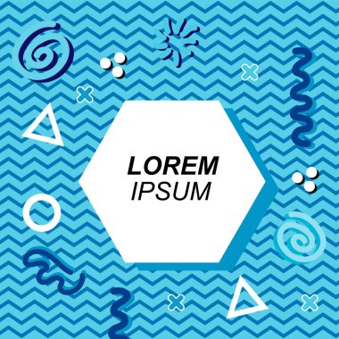 Çeşitli geometrik ve organik şekilli süslemeleri olan soyut arkaplan kare kartı. Sosyal medya içeriği için metin alanı olan kare poster. Geometrik memphis tarzıyla kare duvar kağıdı.