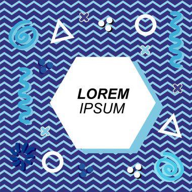 Çeşitli geometrik ve organik şekilli süslemeleri olan soyut arkaplan kare kartı. Sosyal medya içeriği için metin alanı olan kare poster. Geometrik memphis tarzıyla kare duvar kağıdı.