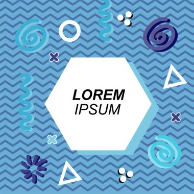 Çeşitli geometrik ve organik şekilli süslemeleri olan soyut arkaplan kare kartı. Sosyal medya içeriği için metin alanı olan kare poster. Geometrik memphis tarzıyla kare duvar kağıdı.