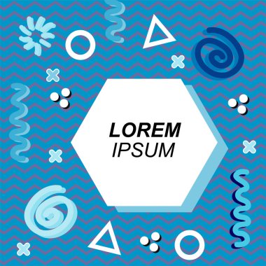 Çeşitli geometrik ve organik şekilli süslemeleri olan soyut arkaplan kare kartı. Sosyal medya içeriği için metin alanı olan kare poster. Geometrik memphis tarzıyla kare duvar kağıdı.