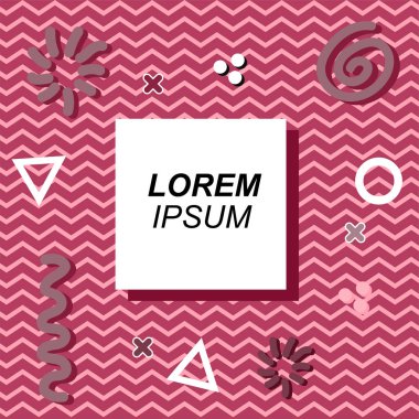 Çeşitli geometrik ve organik şekilli süslemeleri olan soyut arkaplan kare kartı. Sosyal medya içeriği için metin alanı olan kare poster. Geometrik memphis tarzıyla kare duvar kağıdı.