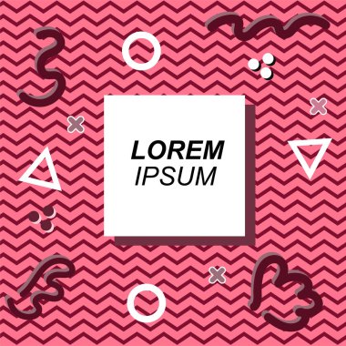 Çeşitli geometrik ve organik şekilli süslemeleri olan soyut arkaplan kare kartı. Sosyal medya içeriği için metin alanı olan kare poster. Geometrik memphis tarzıyla kare duvar kağıdı.