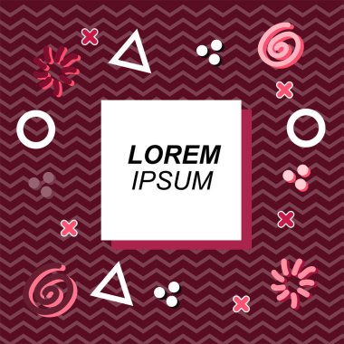 Çeşitli geometrik ve organik şekilli süslemeleri olan soyut arkaplan kare kartı. Sosyal medya içeriği için metin alanı olan kare poster. Geometrik memphis tarzıyla kare duvar kağıdı.