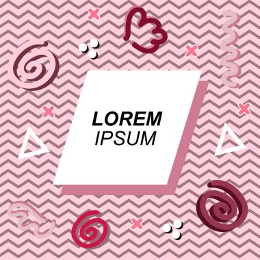 Çeşitli geometrik ve organik şekilli süslemeleri olan soyut arkaplan kare kartı. Sosyal medya içeriği için metin alanı olan kare poster. Geometrik memphis tarzıyla kare duvar kağıdı.