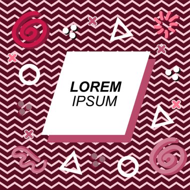 Çeşitli geometrik ve organik şekilli süslemeleri olan soyut arkaplan kare kartı. Sosyal medya içeriği için metin alanı olan kare poster. Geometrik memphis tarzıyla kare duvar kağıdı.