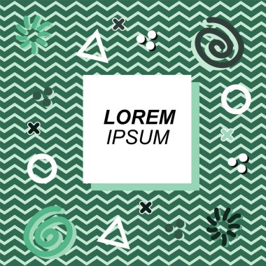 Çeşitli geometrik ve organik şekilli süslemeleri olan soyut arkaplan kare kartı. Sosyal medya içeriği için metin alanı olan kare poster. Geometrik memphis tarzıyla kare duvar kağıdı.