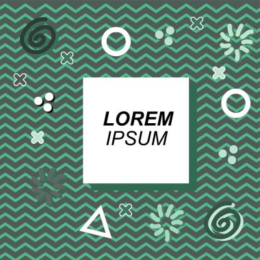 Çeşitli geometrik ve organik şekilli süslemeleri olan soyut arkaplan kare kartı. Sosyal medya içeriği için metin alanı olan kare poster. Geometrik memphis tarzıyla kare duvar kağıdı.