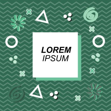 Çeşitli geometrik ve organik şekilli süslemeleri olan soyut arkaplan kare kartı. Sosyal medya içeriği için metin alanı olan kare poster. Geometrik memphis tarzıyla kare duvar kağıdı.