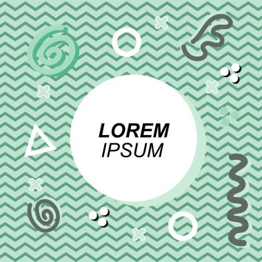 Çeşitli geometrik ve organik şekilli süslemeleri olan soyut arkaplan kare kartı. Sosyal medya içeriği için metin alanı olan kare poster. Geometrik memphis tarzıyla kare duvar kağıdı.