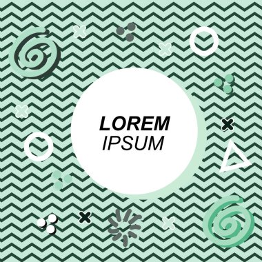 Çeşitli geometrik ve organik şekilli süslemeleri olan soyut arkaplan kare kartı. Sosyal medya içeriği için metin alanı olan kare poster. Geometrik memphis tarzıyla kare duvar kağıdı.