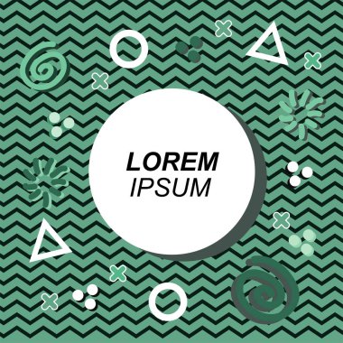 Çeşitli geometrik ve organik şekilli süslemeleri olan soyut arkaplan kare kartı. Sosyal medya içeriği için metin alanı olan kare poster. Geometrik memphis tarzıyla kare duvar kağıdı.