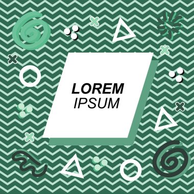 Çeşitli geometrik ve organik şekilli süslemeleri olan soyut arkaplan kare kartı. Sosyal medya içeriği için metin alanı olan kare poster. Geometrik memphis tarzıyla kare duvar kağıdı.