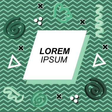 Çeşitli geometrik ve organik şekilli süslemeleri olan soyut arkaplan kare kartı. Sosyal medya içeriği için metin alanı olan kare poster. Geometrik memphis tarzıyla kare duvar kağıdı.