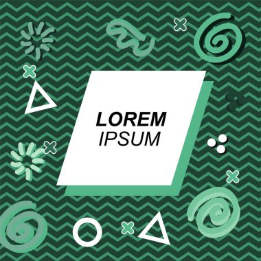 Çeşitli geometrik ve organik şekilli süslemeleri olan soyut arkaplan kare kartı. Sosyal medya içeriği için metin alanı olan kare poster. Geometrik memphis tarzıyla kare duvar kağıdı.