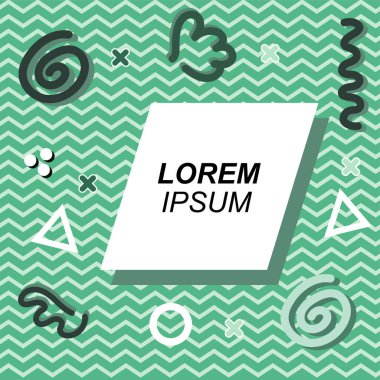 Çeşitli geometrik ve organik şekilli süslemeleri olan soyut arkaplan kare kartı. Sosyal medya içeriği için metin alanı olan kare poster. Geometrik memphis tarzıyla kare duvar kağıdı.