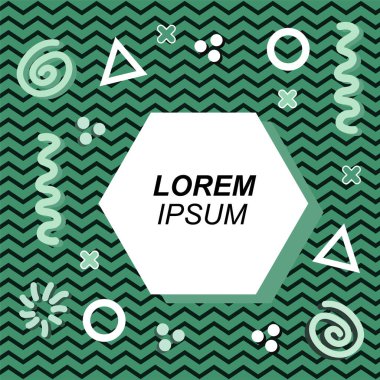 Çeşitli geometrik ve organik şekilli süslemeleri olan soyut arkaplan kare kartı. Sosyal medya içeriği için metin alanı olan kare poster. Geometrik memphis tarzıyla kare duvar kağıdı.