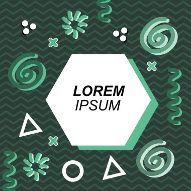 Çeşitli geometrik ve organik şekilli süslemeleri olan soyut arkaplan kare kartı. Sosyal medya içeriği için metin alanı olan kare poster. Geometrik memphis tarzıyla kare duvar kağıdı.