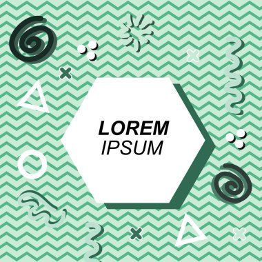 Çeşitli geometrik ve organik şekilli süslemeleri olan soyut arkaplan kare kartı. Sosyal medya içeriği için metin alanı olan kare poster. Geometrik memphis tarzıyla kare duvar kağıdı.