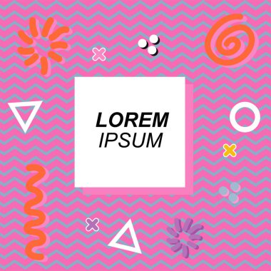 Çeşitli geometrik ve organik şekilli süslemeleri olan soyut arkaplan kare kartı. Sosyal medya içeriği için metin alanı olan kare poster. Geometrik memphis tarzıyla kare duvar kağıdı.
