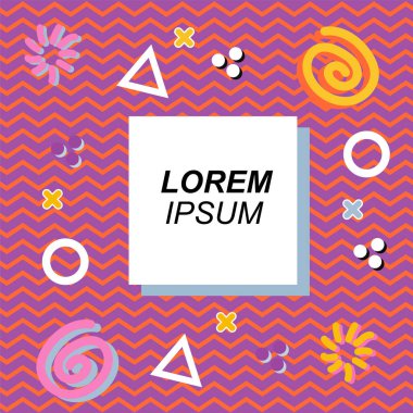 Çeşitli geometrik ve organik şekilli süslemeleri olan soyut arkaplan kare kartı. Sosyal medya içeriği için metin alanı olan kare poster. Geometrik memphis tarzıyla kare duvar kağıdı.