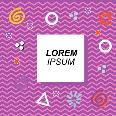Çeşitli geometrik ve organik şekilli süslemeleri olan soyut arkaplan kare kartı. Sosyal medya içeriği için metin alanı olan kare poster. Geometrik memphis tarzıyla kare duvar kağıdı.