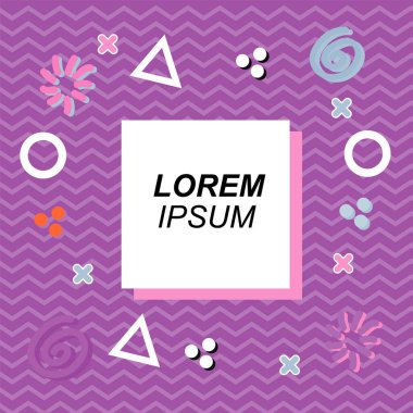 Çeşitli geometrik ve organik şekilli süslemeleri olan soyut arkaplan kare kartı. Sosyal medya içeriği için metin alanı olan kare poster. Geometrik memphis tarzıyla kare duvar kağıdı.