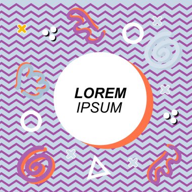 Çeşitli geometrik ve organik şekilli süslemeleri olan soyut arkaplan kare kartı. Sosyal medya içeriği için metin alanı olan kare poster. Geometrik memphis tarzıyla kare duvar kağıdı.