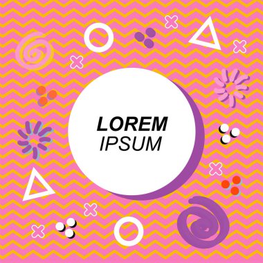 Çeşitli geometrik ve organik şekilli süslemeleri olan soyut arkaplan kare kartı. Sosyal medya içeriği için metin alanı olan kare poster. Geometrik memphis tarzıyla kare duvar kağıdı.