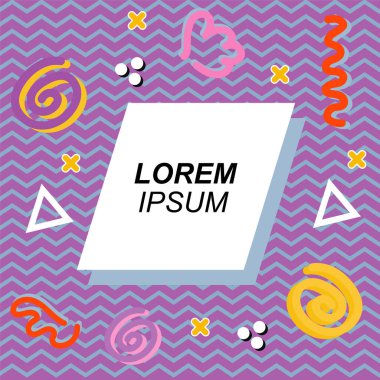 Çeşitli geometrik ve organik şekilli süslemeleri olan soyut arkaplan kare kartı. Sosyal medya içeriği için metin alanı olan kare poster. Geometrik memphis tarzıyla kare duvar kağıdı.