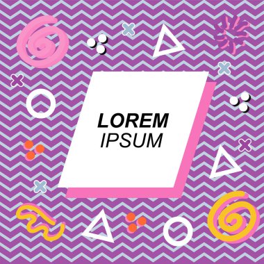 Çeşitli geometrik ve organik şekilli süslemeleri olan soyut arkaplan kare kartı. Sosyal medya içeriği için metin alanı olan kare poster. Geometrik memphis tarzıyla kare duvar kağıdı.