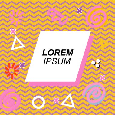 Çeşitli geometrik ve organik şekilli süslemeleri olan soyut arkaplan kare kartı. Sosyal medya içeriği için metin alanı olan kare poster. Geometrik memphis tarzıyla kare duvar kağıdı.