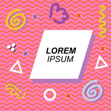 Çeşitli geometrik ve organik şekilli süslemeleri olan soyut arkaplan kare kartı. Sosyal medya içeriği için metin alanı olan kare poster. Geometrik memphis tarzıyla kare duvar kağıdı.