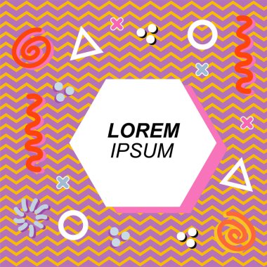 Çeşitli geometrik ve organik şekilli süslemeleri olan soyut arkaplan kare kartı. Sosyal medya içeriği için metin alanı olan kare poster. Geometrik memphis tarzıyla kare duvar kağıdı.