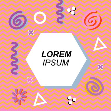 Çeşitli geometrik ve organik şekilli süslemeleri olan soyut arkaplan kare kartı. Sosyal medya içeriği için metin alanı olan kare poster. Geometrik memphis tarzıyla kare duvar kağıdı.