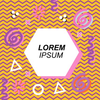Çeşitli geometrik ve organik şekilli süslemeleri olan soyut arkaplan kare kartı. Sosyal medya içeriği için metin alanı olan kare poster. Geometrik memphis tarzıyla kare duvar kağıdı.