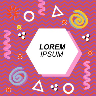 Çeşitli geometrik ve organik şekilli süslemeleri olan soyut arkaplan kare kartı. Sosyal medya içeriği için metin alanı olan kare poster. Geometrik memphis tarzıyla kare duvar kağıdı.
