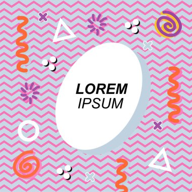 Çeşitli geometrik ve organik şekilli süslemeleri olan soyut arkaplan kare kartı. Sosyal medya içeriği için metin alanı olan kare poster. Geometrik memphis tarzıyla kare duvar kağıdı.