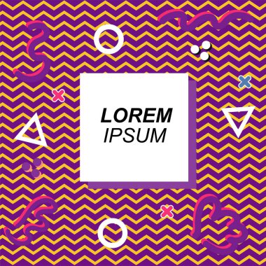 Çeşitli geometrik ve organik şekilli süslemeleri olan soyut arkaplan kare kartı. Sosyal medya içeriği için metin alanı olan kare poster. Geometrik memphis tarzıyla kare duvar kağıdı.