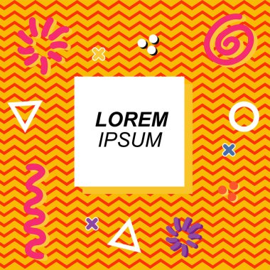 Çeşitli geometrik ve organik şekilli süslemeleri olan soyut arkaplan kare kartı. Sosyal medya içeriği için metin alanı olan kare poster. Geometrik memphis tarzıyla kare duvar kağıdı.