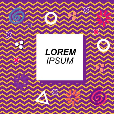 Çeşitli geometrik ve organik şekilli süslemeleri olan soyut arkaplan kare kartı. Sosyal medya içeriği için metin alanı olan kare poster. Geometrik memphis tarzıyla kare duvar kağıdı.