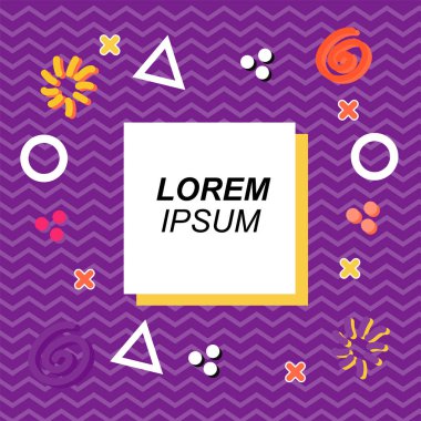 Çeşitli geometrik ve organik şekilli süslemeleri olan soyut arkaplan kare kartı. Sosyal medya içeriği için metin alanı olan kare poster. Geometrik memphis tarzıyla kare duvar kağıdı.