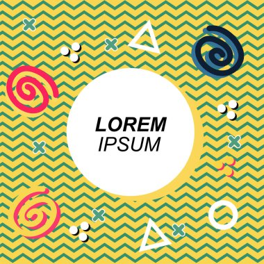 Çeşitli geometrik ve organik şekilli süslemeleri olan soyut arkaplan kare kartı. Sosyal medya içeriği için metin alanı olan kare poster. Geometrik memphis tarzıyla kare duvar kağıdı.