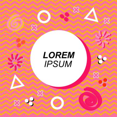 Çeşitli geometrik ve organik şekilli süslemeleri olan soyut arkaplan kare kartı. Sosyal medya içeriği için metin alanı olan kare poster. Geometrik memphis tarzıyla kare duvar kağıdı.