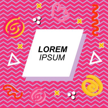 Çeşitli geometrik ve organik şekilli süslemeleri olan soyut arkaplan kare kartı. Sosyal medya içeriği için metin alanı olan kare poster. Geometrik memphis tarzıyla kare duvar kağıdı.