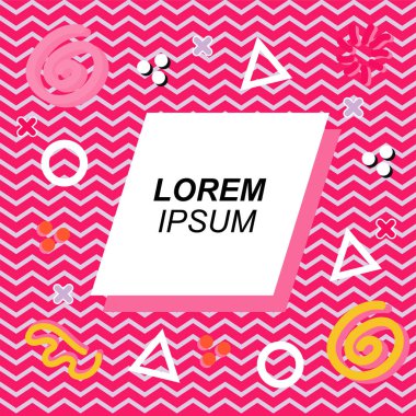 Çeşitli geometrik ve organik şekilli süslemeleri olan soyut arkaplan kare kartı. Sosyal medya içeriği için metin alanı olan kare poster. Geometrik memphis tarzıyla kare duvar kağıdı.