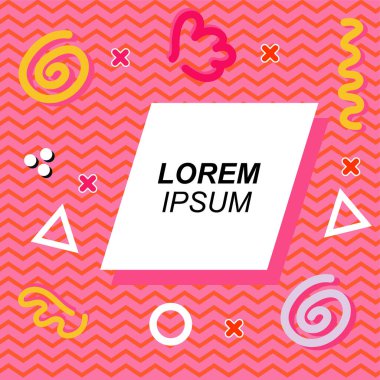 Çeşitli geometrik ve organik şekilli süslemeleri olan soyut arkaplan kare kartı. Sosyal medya içeriği için metin alanı olan kare poster. Geometrik memphis tarzıyla kare duvar kağıdı.