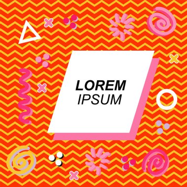 Çeşitli geometrik ve organik şekilli süslemeleri olan soyut arkaplan kare kartı. Sosyal medya içeriği için metin alanı olan kare poster. Geometrik memphis tarzıyla kare duvar kağıdı.