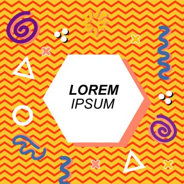 Çeşitli geometrik ve organik şekilli süslemeleri olan soyut arkaplan kare kartı. Sosyal medya içeriği için metin alanı olan kare poster. Geometrik memphis tarzıyla kare duvar kağıdı.