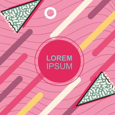 Çeşitli geometrik şekilli, süslemeli ve metin alanlı soyut arkaplan kare kartı. Geometrik memphis tarzıyla kare duvar kağıdı. Sosyal medya içeriği için kare biçiminde poster.